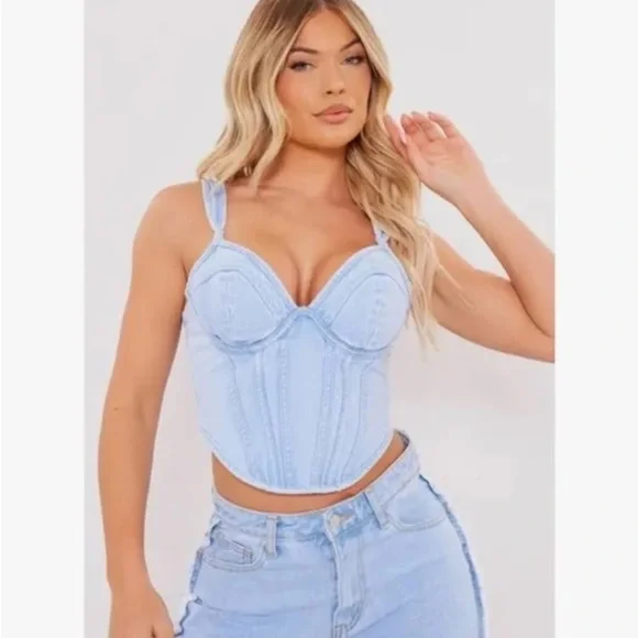 NWT PLT Light Blue Wash Dip Hem Bust Cup Underwire Denim Corset Top y2k - Picture 1 of 10